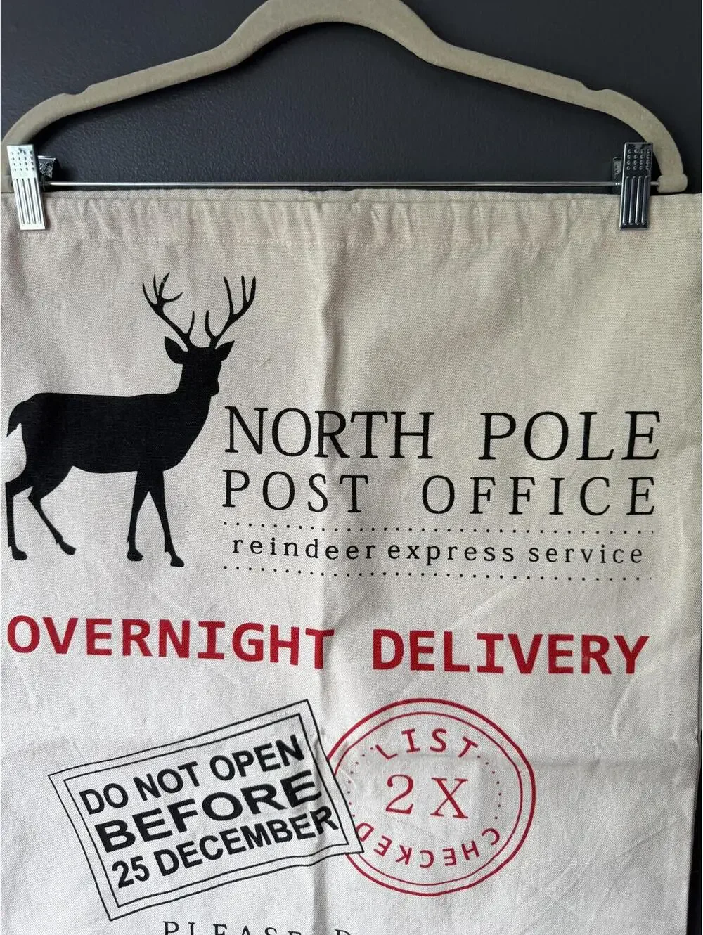 North Pole Post Office Canvas Gift Sack with Reindeer Print